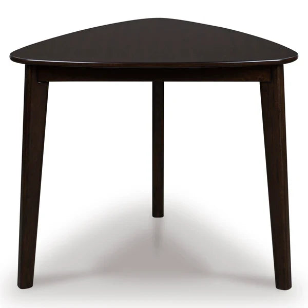 Dark brown triangular dining table with rounded top and three tapered legs