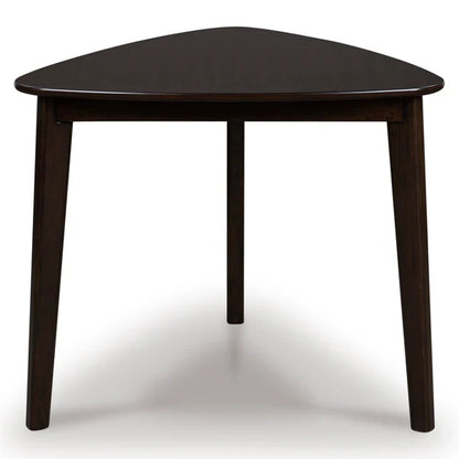 Dark brown triangular dining table with rounded top and three tapered legs