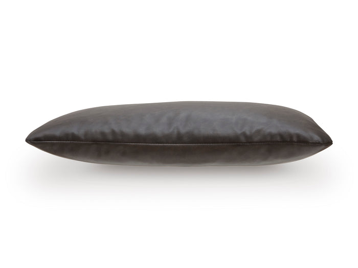 Lumbar decorative pillow, dark brown faux leather look with piped seam