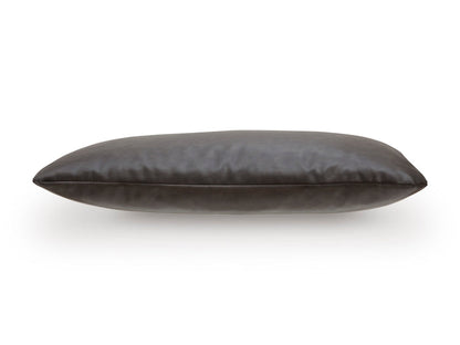 Lumbar decorative pillow, dark brown faux leather look with piped seam