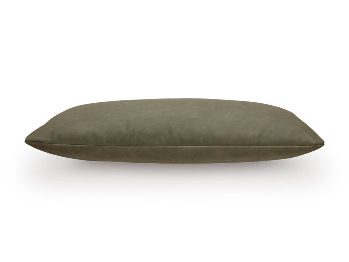 Lumbar decorative pillow, sage green faux leather look with smooth curved ends