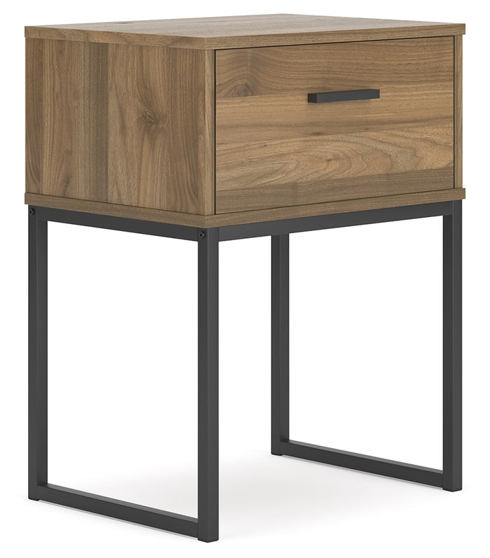 Wood nightstand with drawer and black metal frame