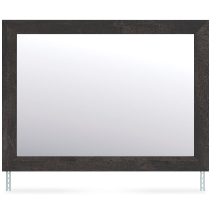 Rectangular bedroom mirror with dark brown wood-look frame