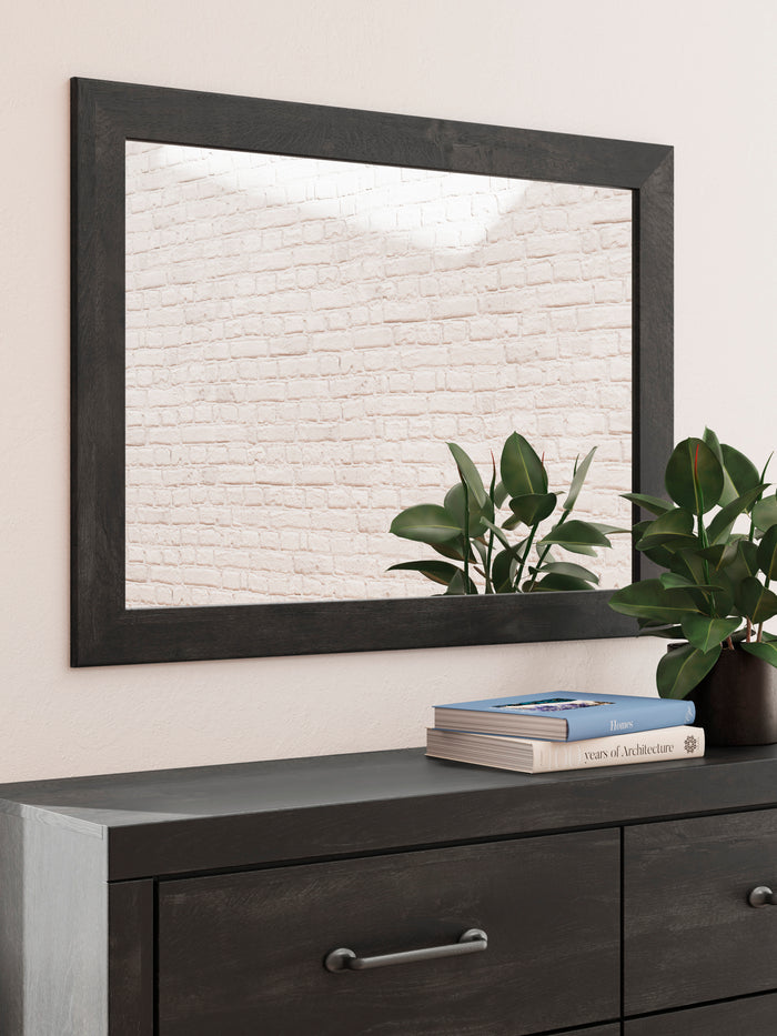 Wall-mounted rectangular mirror with dark wood-look frame and glossy glass
