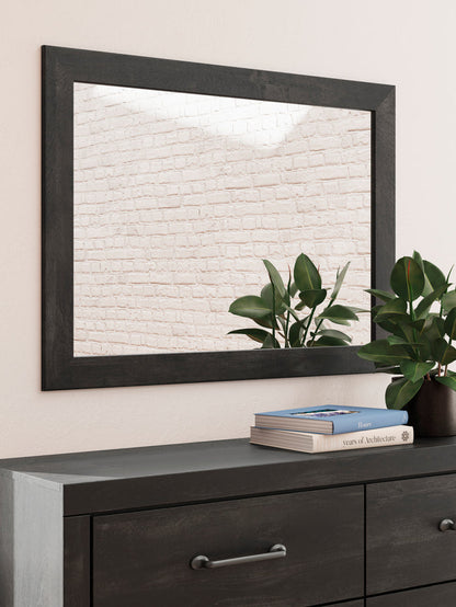 Wall-mounted rectangular mirror with dark wood-look frame and glossy glass