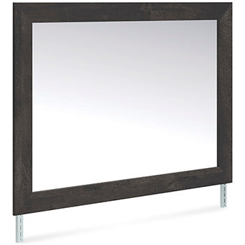 Rectangular bedroom mirror with dark frame and side mounting brackets