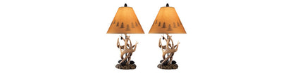 Set of 2 table lamps with orange shades and deer-antler bases