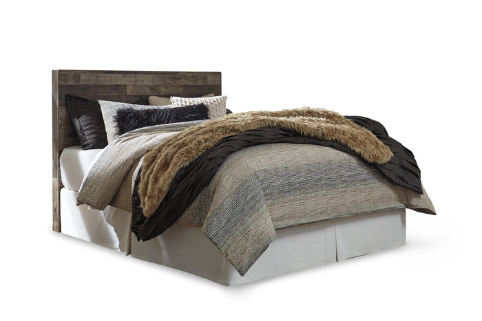Dark wood panel headboard with squared top shown from a front three-quarter angle
