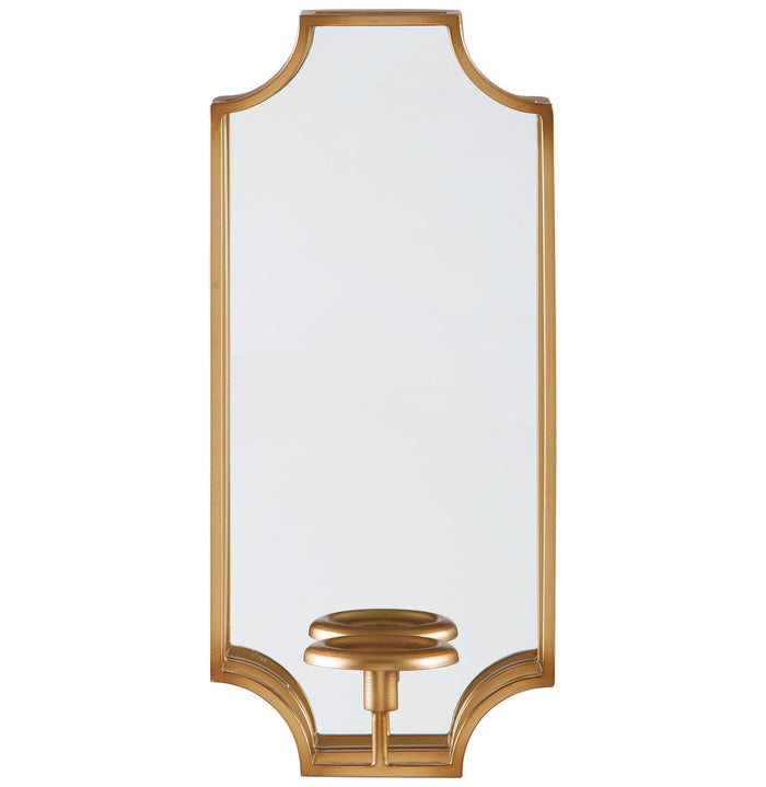Gold wall sconce with clear glass panels and brass light fixture