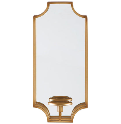 Gold wall sconce with clear glass panels and brass light fixture