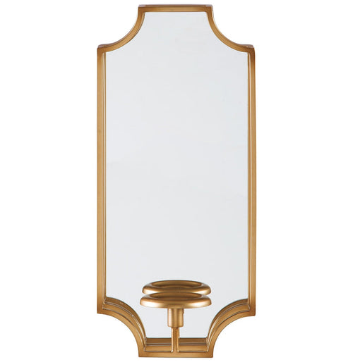 Gold wall sconce with clear glass panels and brass light fixture