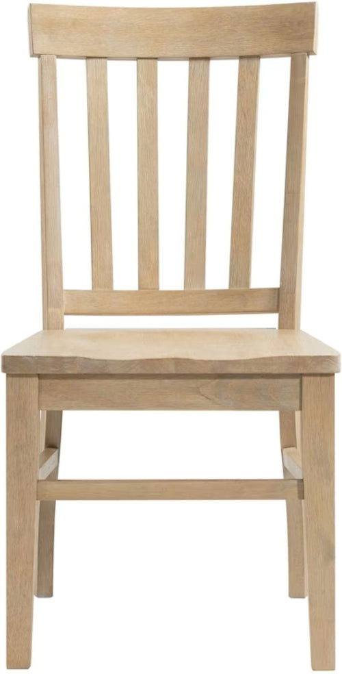 Light wood dining side chair with slatted back and flat upholstered seat, angled view