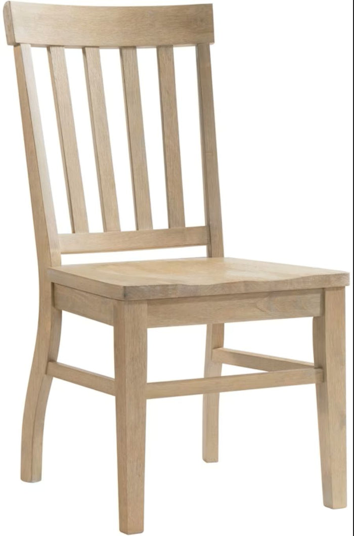 Light wood dining side chair with vertical slat back and upholstered square seat
