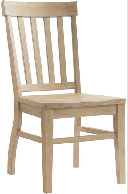 Light wood dining side chair with vertical slat back and upholstered square seat