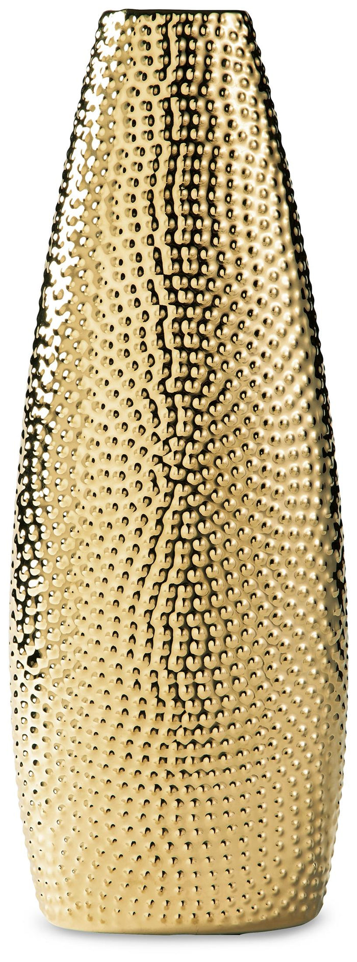 Gold beaded glass vase, tall tapered shape with dense textured pattern