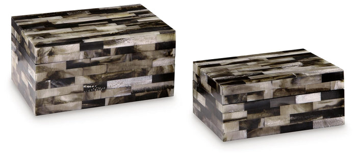 Matching rectangular boxes set of two with wood-look strip pattern in dark and light gray