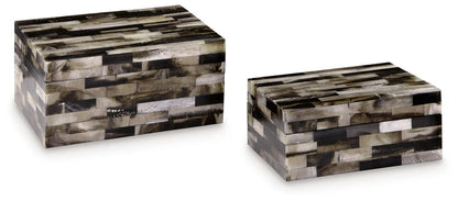 Matching rectangular boxes set of two with wood-look strip pattern in dark and light gray