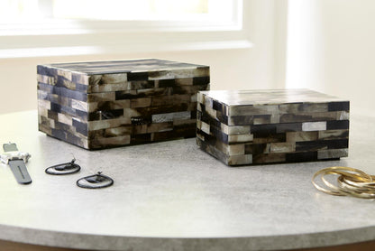 Ellford box set of 2, rectangular wood-look boxes with dark gray and light gray stripes