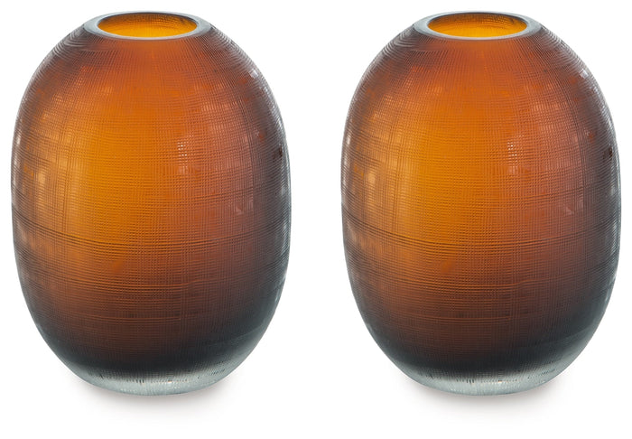 Set of 2 hammered copper-orange ceramic vases with wide rounded bodies