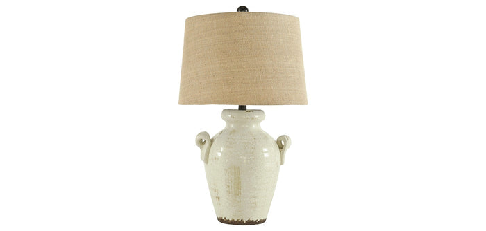 Emelda table lamp with beige fabric shade and white ceramic base