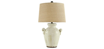 Emelda table lamp with beige fabric shade and white ceramic base