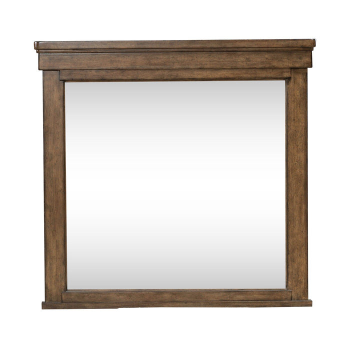 Rectangular wall mirror with distressed dark wood frame and beveled glass