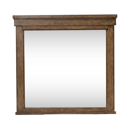 Rectangular wall mirror with distressed dark wood frame and beveled glass