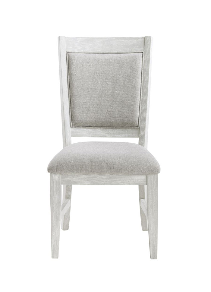 Everly dining chair with light gray fabric seat and back, white wood legs