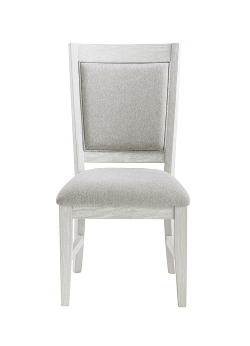 Everly dining chair with light gray fabric seat and back, white wood legs