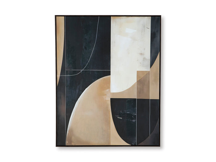 Abstract wall art print in black frame, layered beige shapes with navy lines