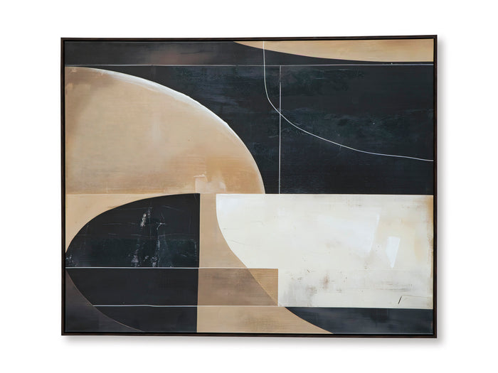 Abstract wall art print in black frame, wide beige crescent over dark rectangles
