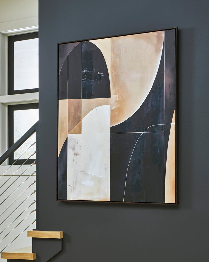 Abstract wall art print in black frame, beige and white curves on dark panels