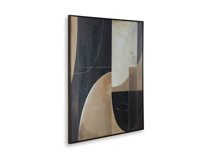 Abstract wall art print in black frame, beige blocks and curved shapes on dark base