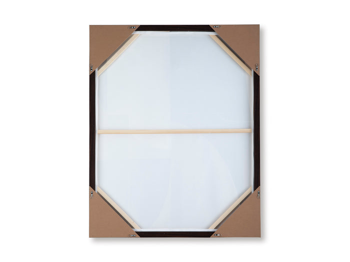 Wall art backing panel with taped seams and natural wood border, shown from back