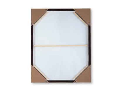 Wall art backing panel with taped seams and natural wood border, shown from back