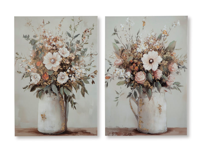 Floral wall art set of 2, white-vase bouquets with peach, rust and beige accents