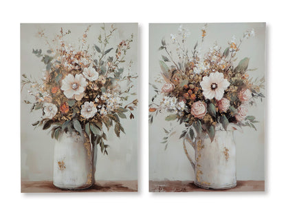 Floral wall art set of 2, white-vase bouquets with peach, rust and beige accents