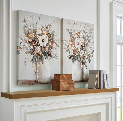 Floral wall art set of 2 with bouquets in white vases, warm orange and tan