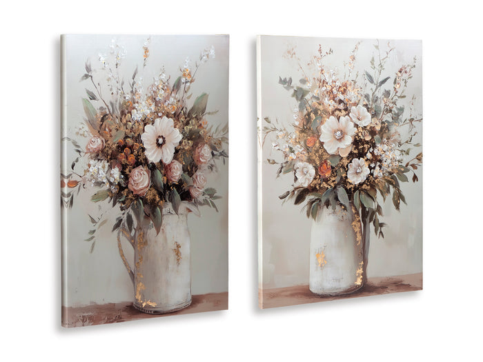 Floral wall art set of 2 showing bouquets in white vases on light backgrounds