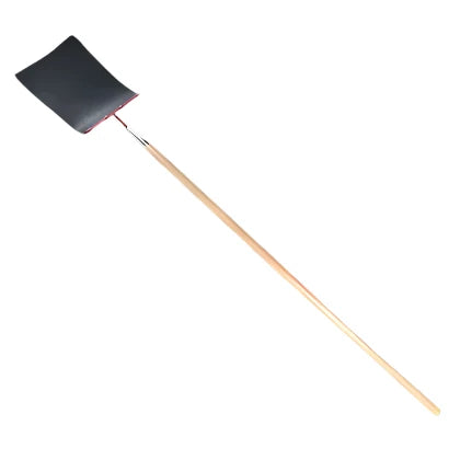 A fire swatter with a black masticated rubber flap attached to a long wooden handle.