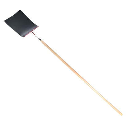 A fire swatter with a black masticated rubber flap attached to a long wooden handle.