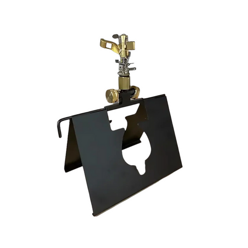 A Folding Roof Top Sprinkler with a gold-colored sprinkler head attached to a black foldable base.