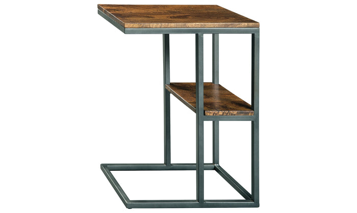 Rustic wood and metal accent table with lower shelf, dark green frame