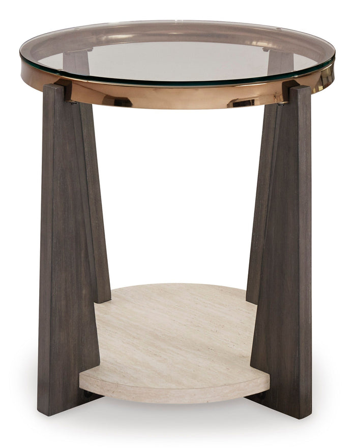 Round glass-top end table with dark wood legs and lower circular shelf