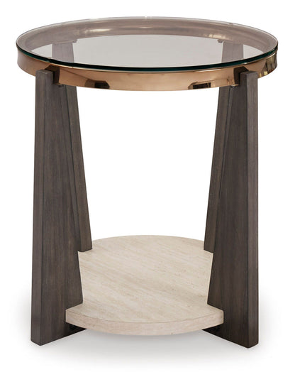 Round glass-top end table with dark wood legs and lower circular shelf