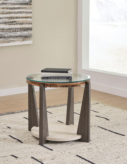 Glass-top end table with dark wood frame and round lower shelf