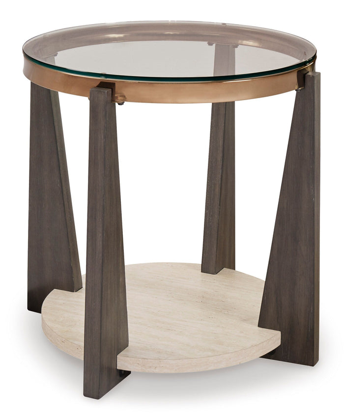 Round glass-top end table with tapered dark wood legs and lower circular shelf