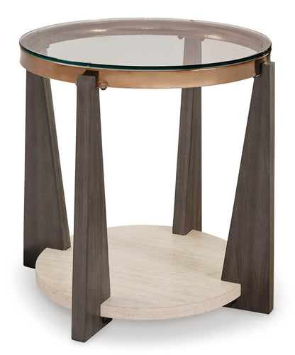 Round glass-top end table with tapered dark wood legs and lower circular shelf