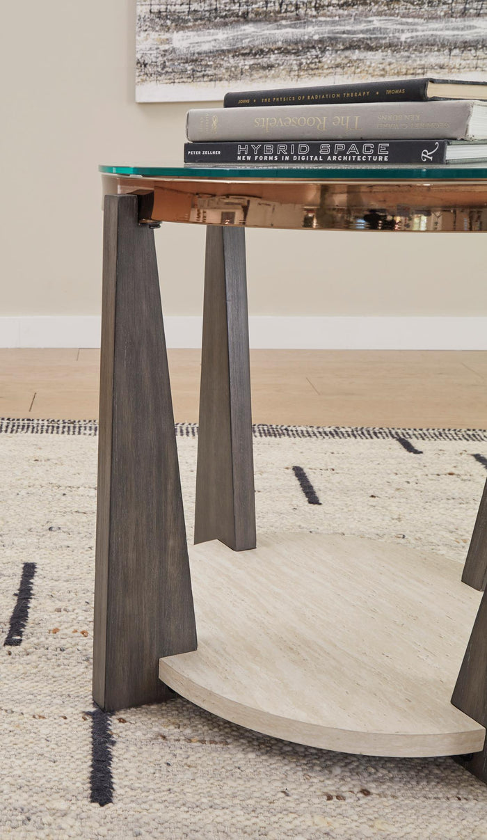 Dark wood end table legs with round glass top and lower circular shelf
