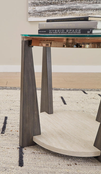 Dark wood end table legs with round glass top and lower circular shelf